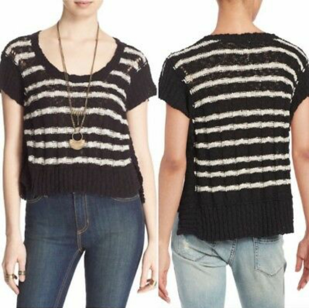 Free People Striped Short Sleeve Knit Sweater
